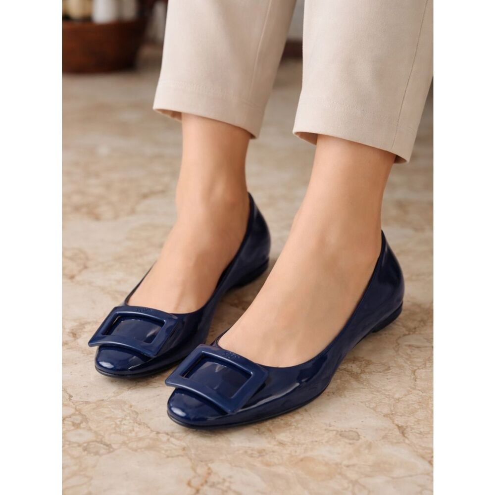 Roger Vivier Gommetine Blue Patent Leather Square Buckle Ballet Flats